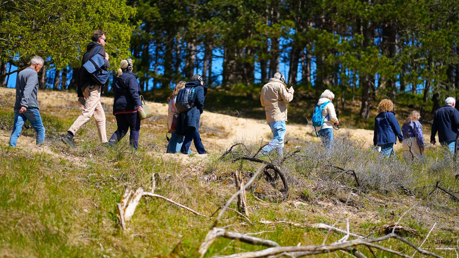 Wandelaars met koptelefoons op lopen de luisterwandeling 